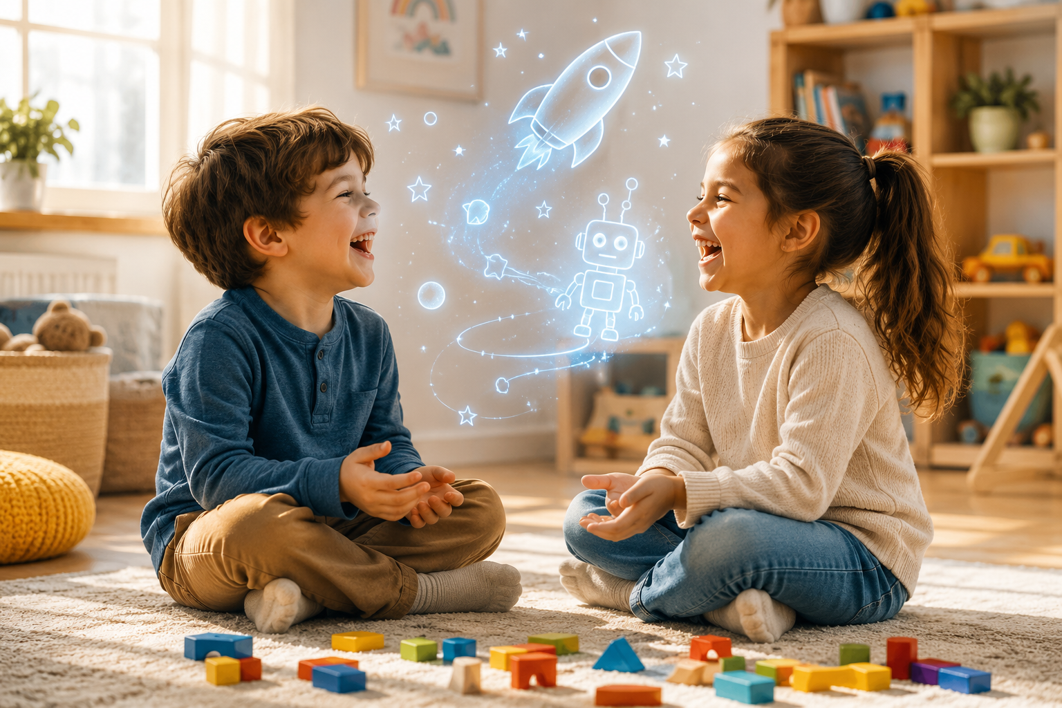 Two children playing with toys on the floor in a room with a bookshelf and plants.
